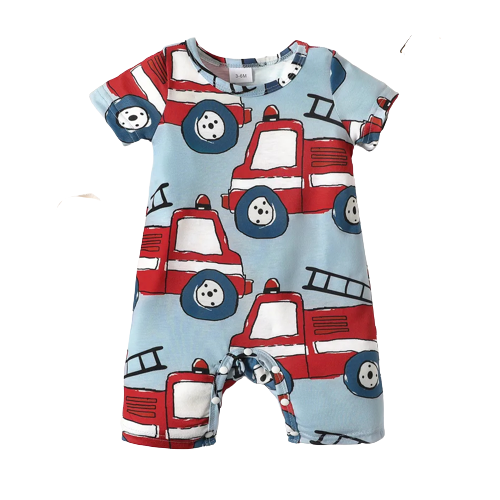 baby boy allover red vehicle print short sleeve jumpsuit