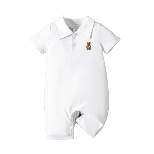 baby boy bear embroidered polo collar button up short sleeve jumpsuit