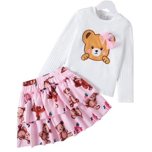 2pcs kid girl bear embroidered mesh bowknot design long sleeve tee and ruffled layered skirt set