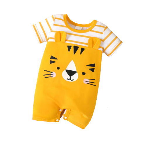 baby boy cartoon tiger print yellow striped short sleeve splicing romper