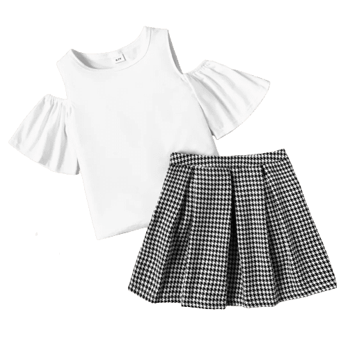 2 piece kid girl cold shoulder short sleeve white tee and houndstooth skirt set