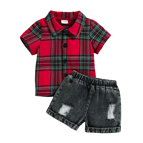 cotton 2pcs baby boy red plaid short sleeve shirt and ripped denim shorts set