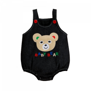 cotton baby boy cartoon bear and letter embroidered sleeveless denim romper