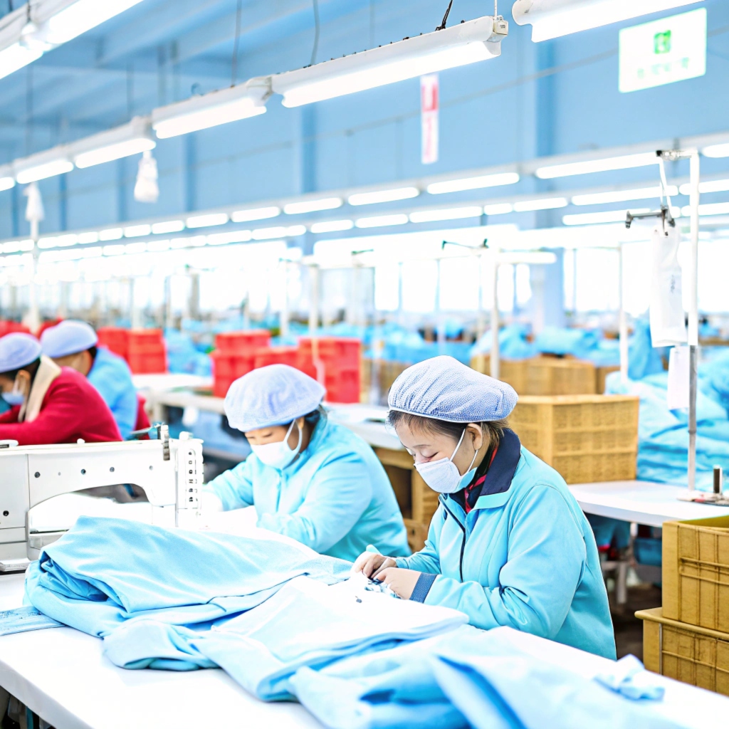 Skilled workers sewing garments in a clean, organized clothing factory in China.