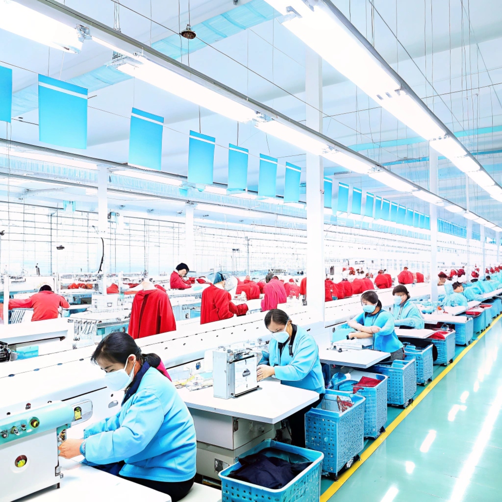 Workers operating sewing machines in a large-scale garment manufacturing factory.