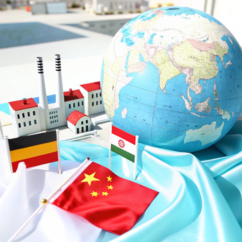 Miniature factory model with flags and a globe, symbolizing global garment exports.