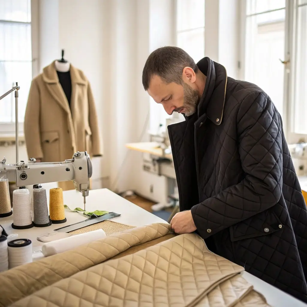 Fashion designer examining quilted fabric, showcasing premium craftsmanship