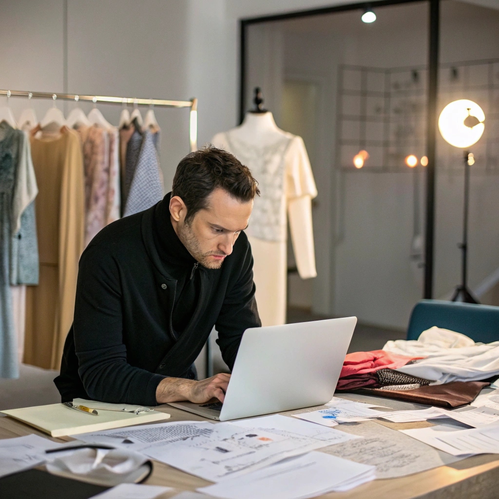 Fashion entrepreneur researching clothing manufacturers on a laptop, surrounded by garment samples and design sketches.