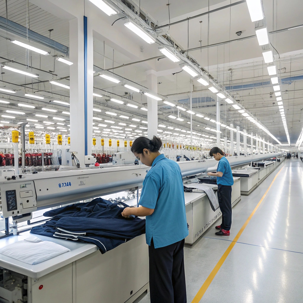 Workers inspecting garments in a modern clothing manufacturing facility in China, ensuring high-quality production.