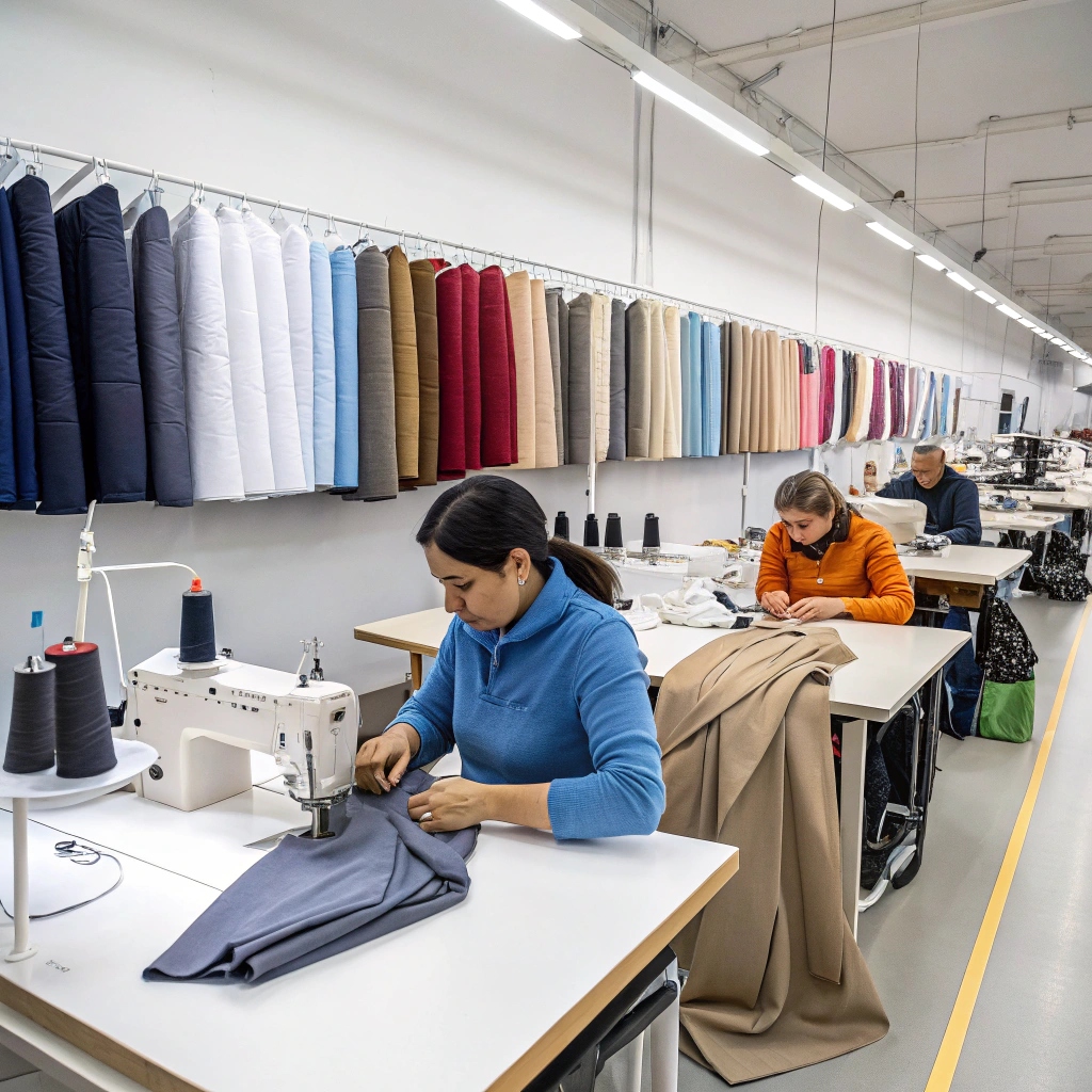 Small-scale clothing production facility with skilled workers crafting garments, ideal for startup fashion brands.