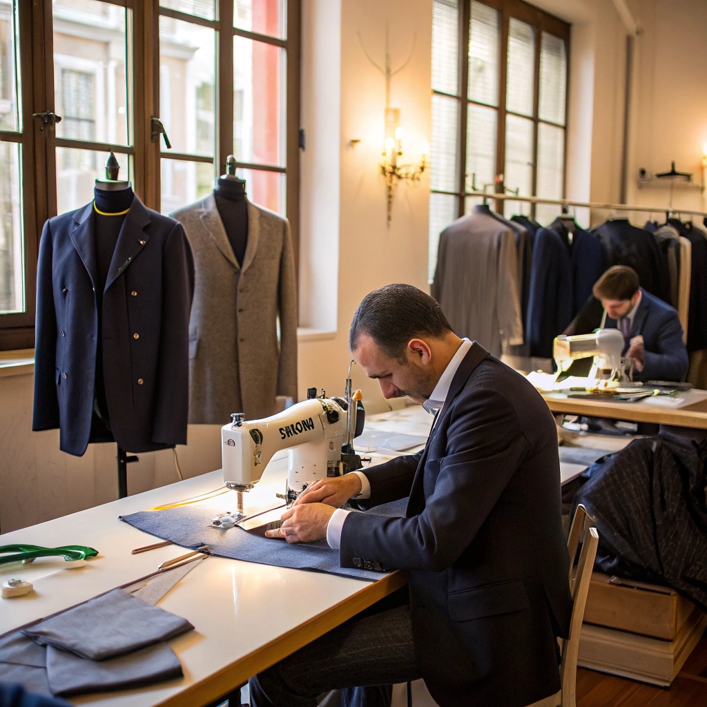 Expert tailors crafting luxury garments in an Italian workshop, focusing on precision stitching and premium fabrics.