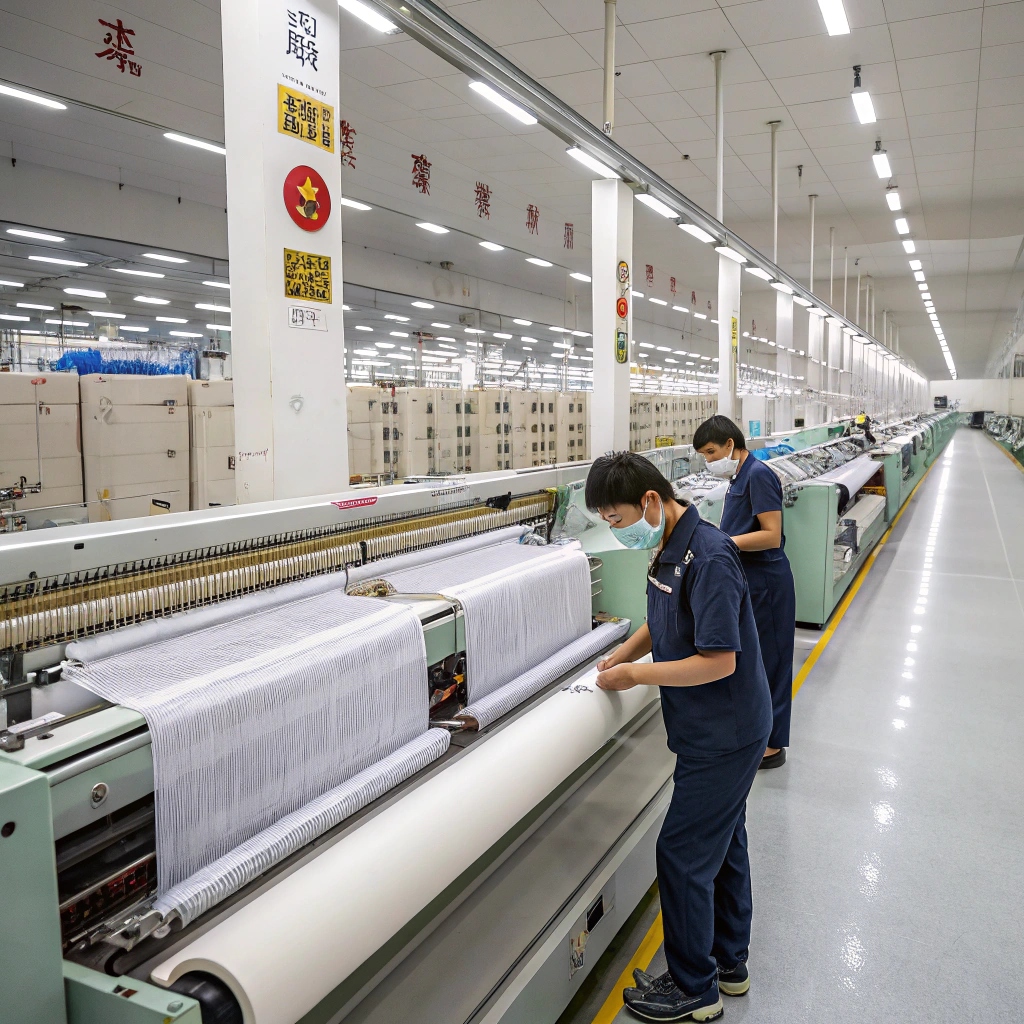 Workers inspecting high-quality textiles in a modern fabric manufacturing facility, ensuring precision and durability.