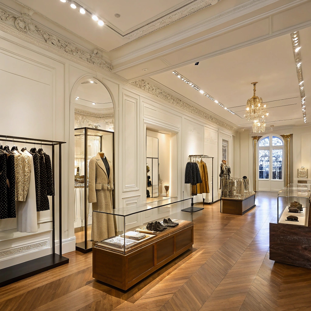 A luxurious high-end fashion boutique featuring elegant designer clothing displayed in an opulent setting with chandeliers and refined decor.