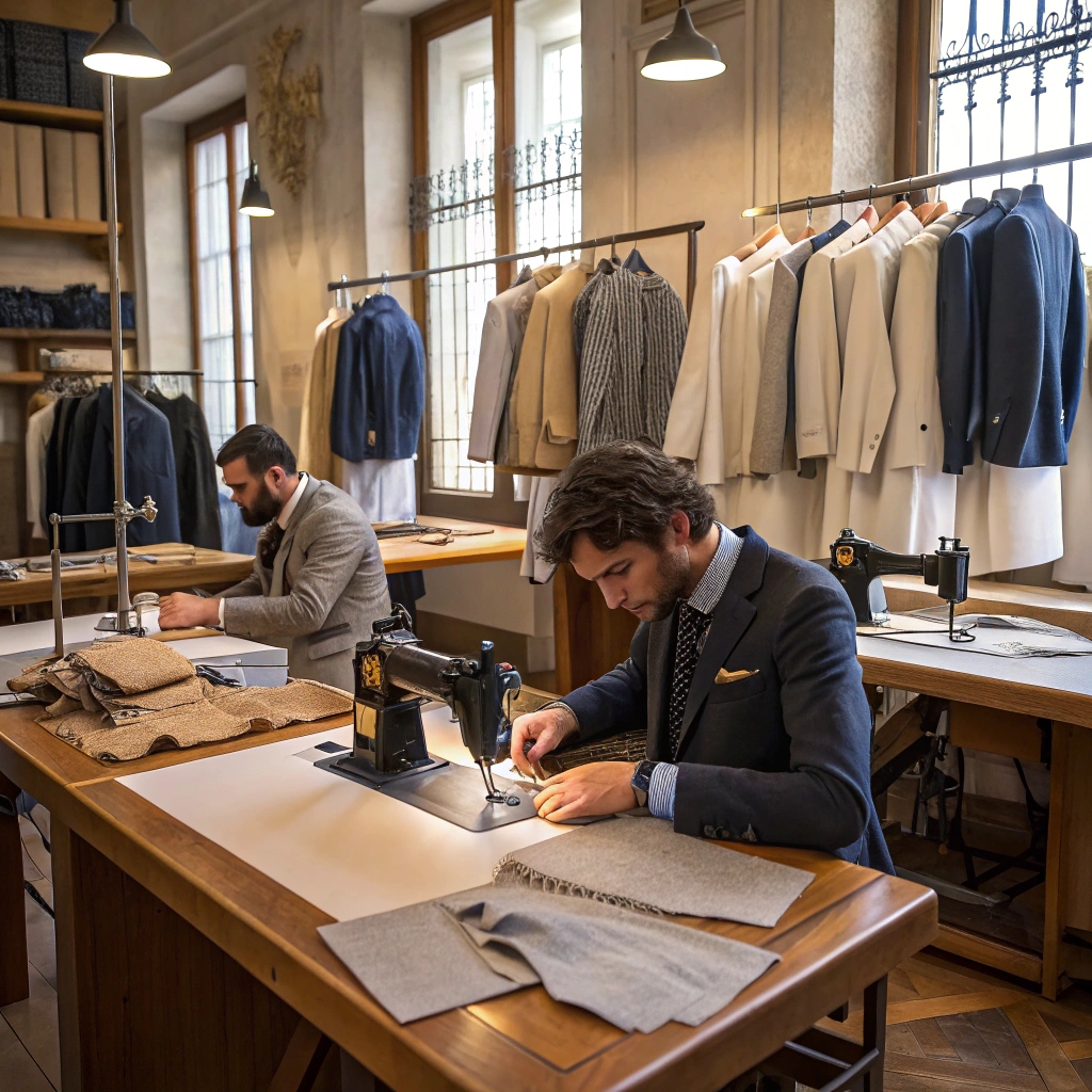 Skilled artisans crafting luxury garments in a high-end tailoring workshop, focusing on precision and fine fabrics.