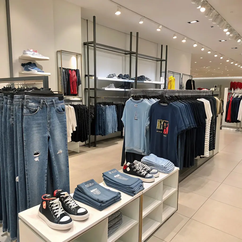 Modern clothing store interior with denim jeans, t-shirts, sneakers, and stylish casual wear neatly displayed