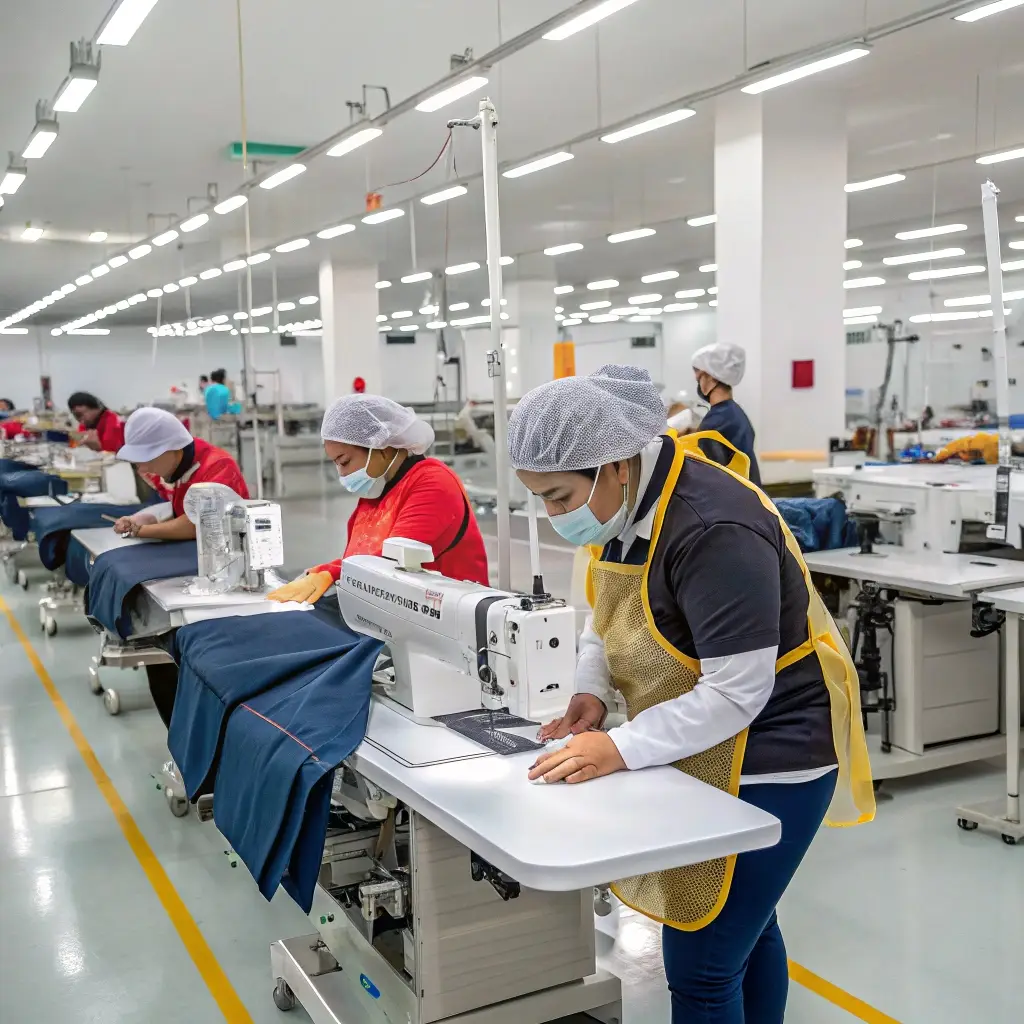 Workers in a modern US garment factory assembling clothing with high-tech machinery in a clean, well-lit environment