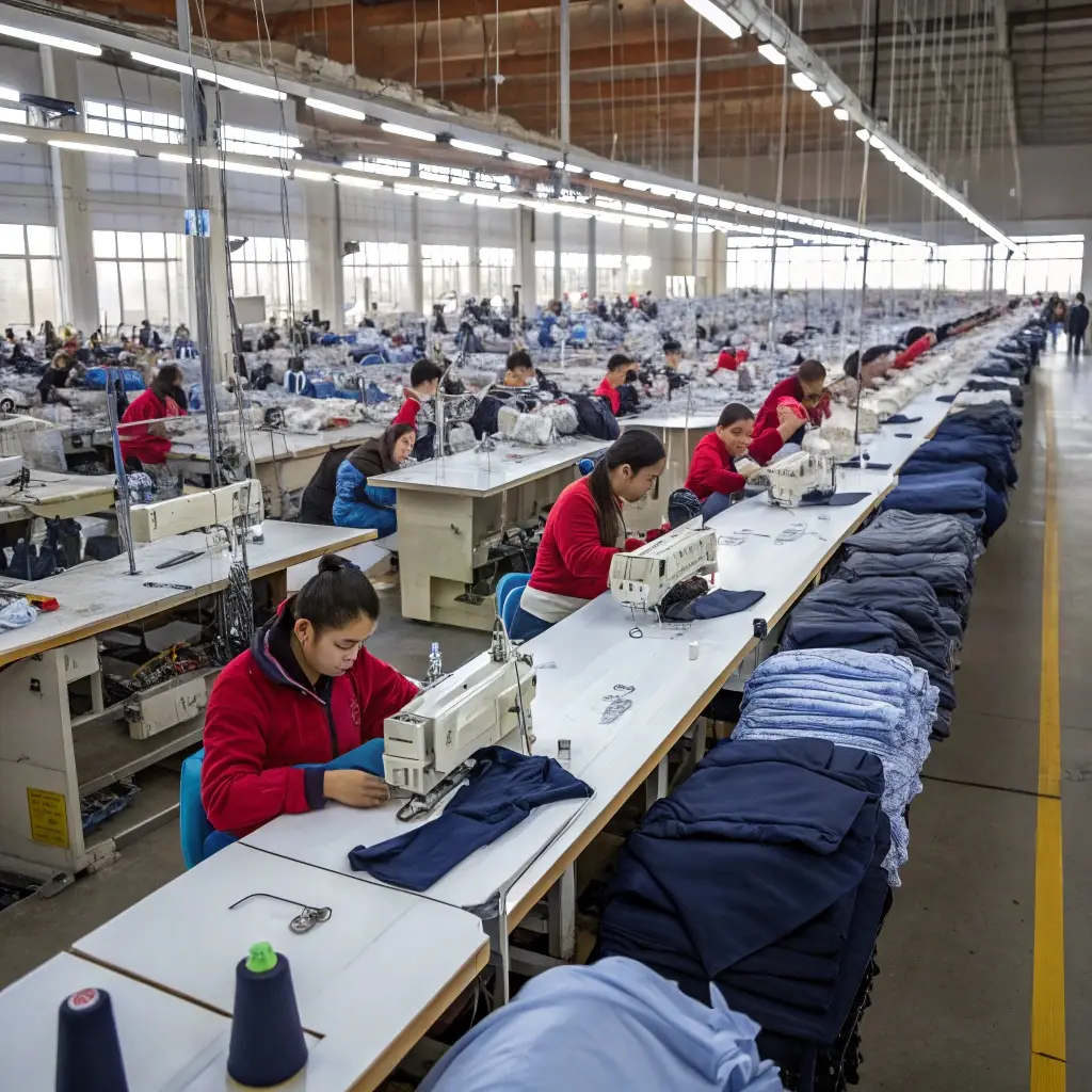 Workers in a large garment factory sewing clothing at industrial machines