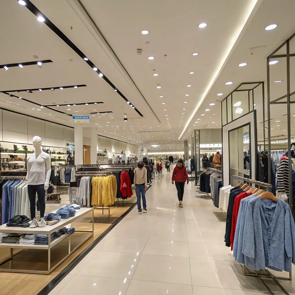 Large clothing store with shoppers, modern fashion retail space