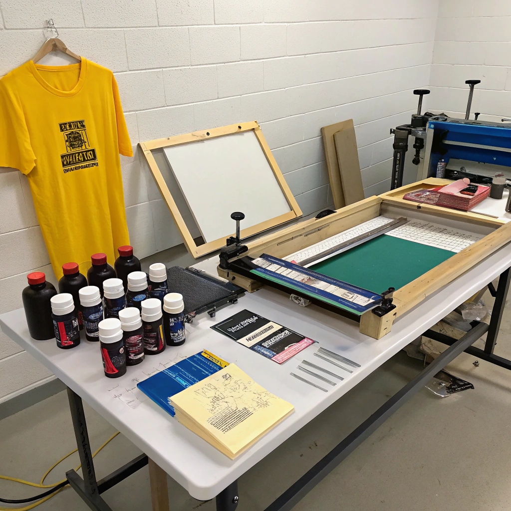 Screen printing setup, including tools like screens, ink bottles, and a t-shirt ready for customization