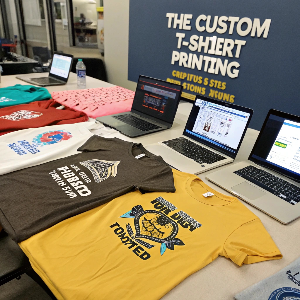 Custom t-shirt printing setup with laptops displaying different websites and printed t-shirts on a table