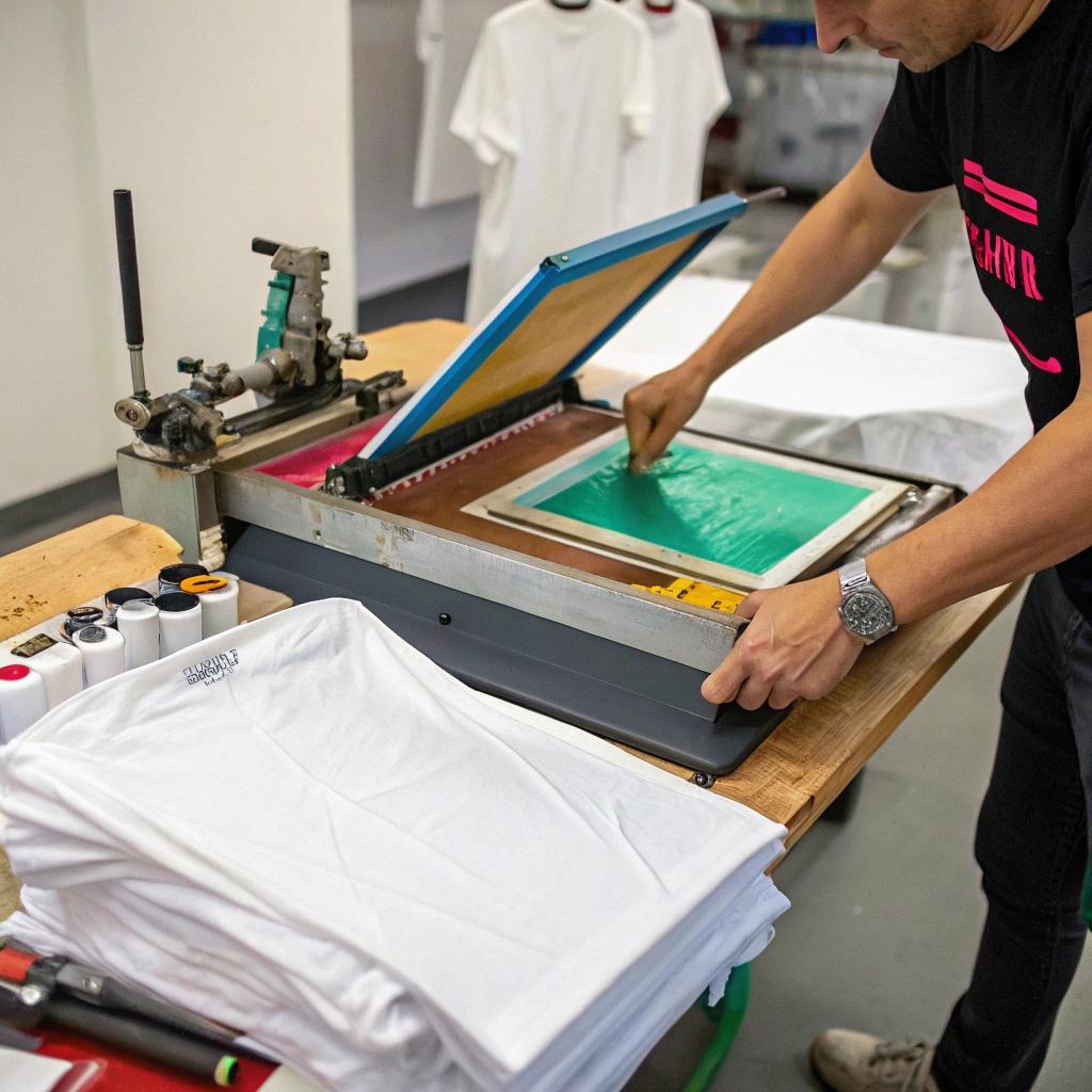 A professional screen printer printing a custom design on a white t-shirt