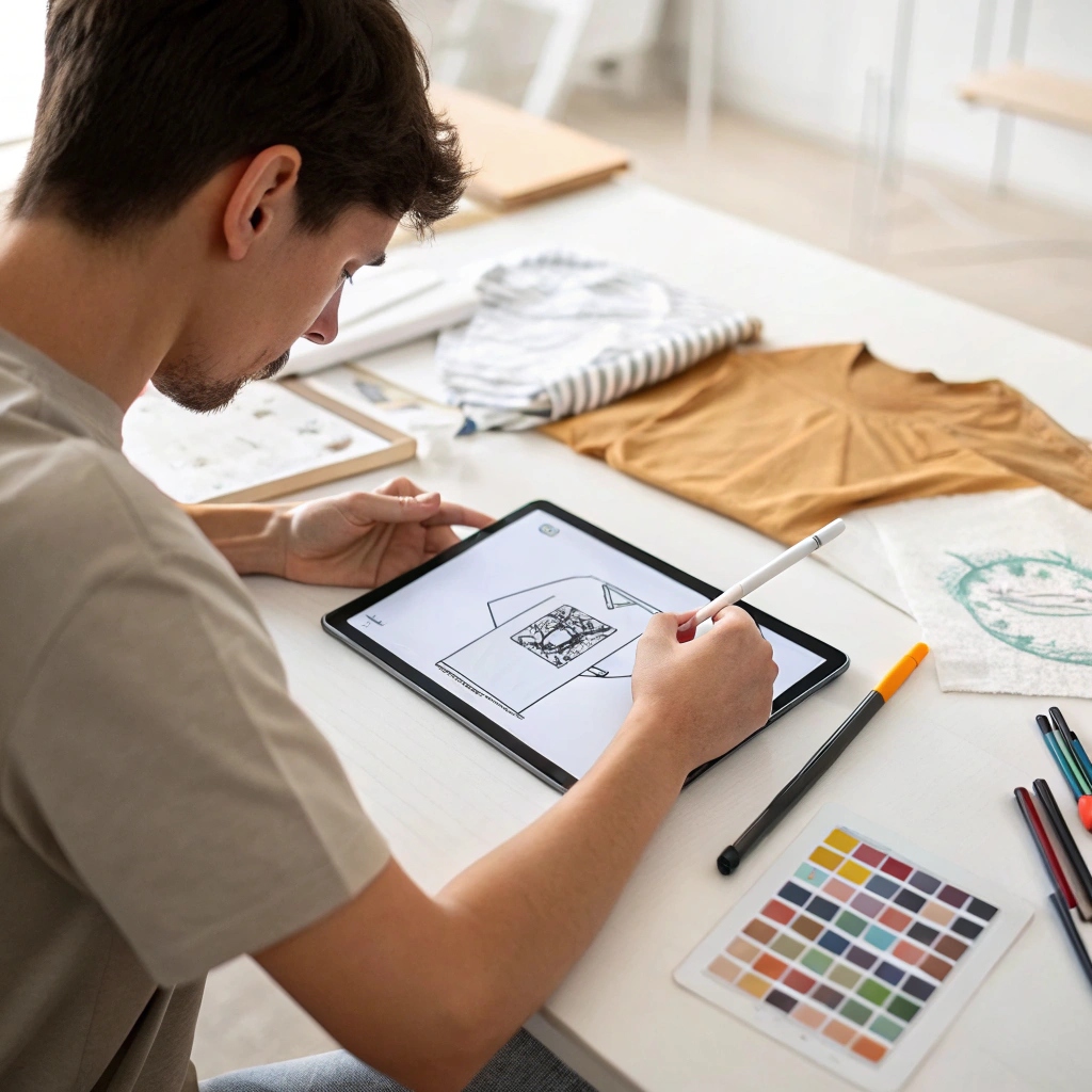 A designer sketching a custom t-shirt design on a digital tablet