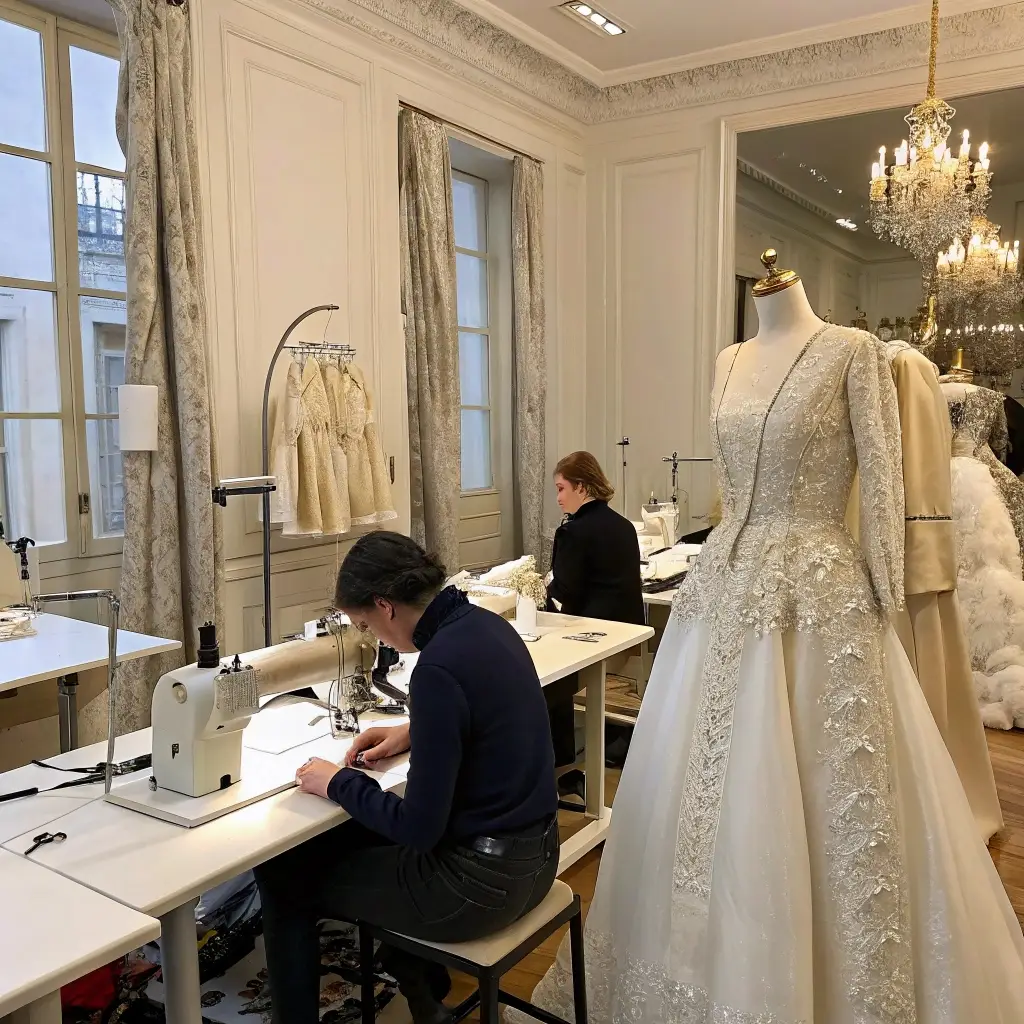 Luxury fashion atelier, skilled artisans crafting exquisite garments