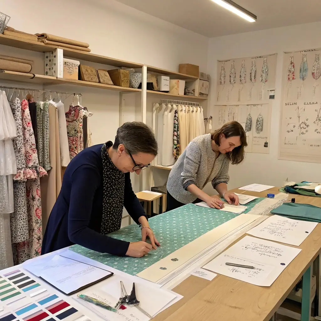 Fashion designers working on fabric patterns, creating custom clothing samples