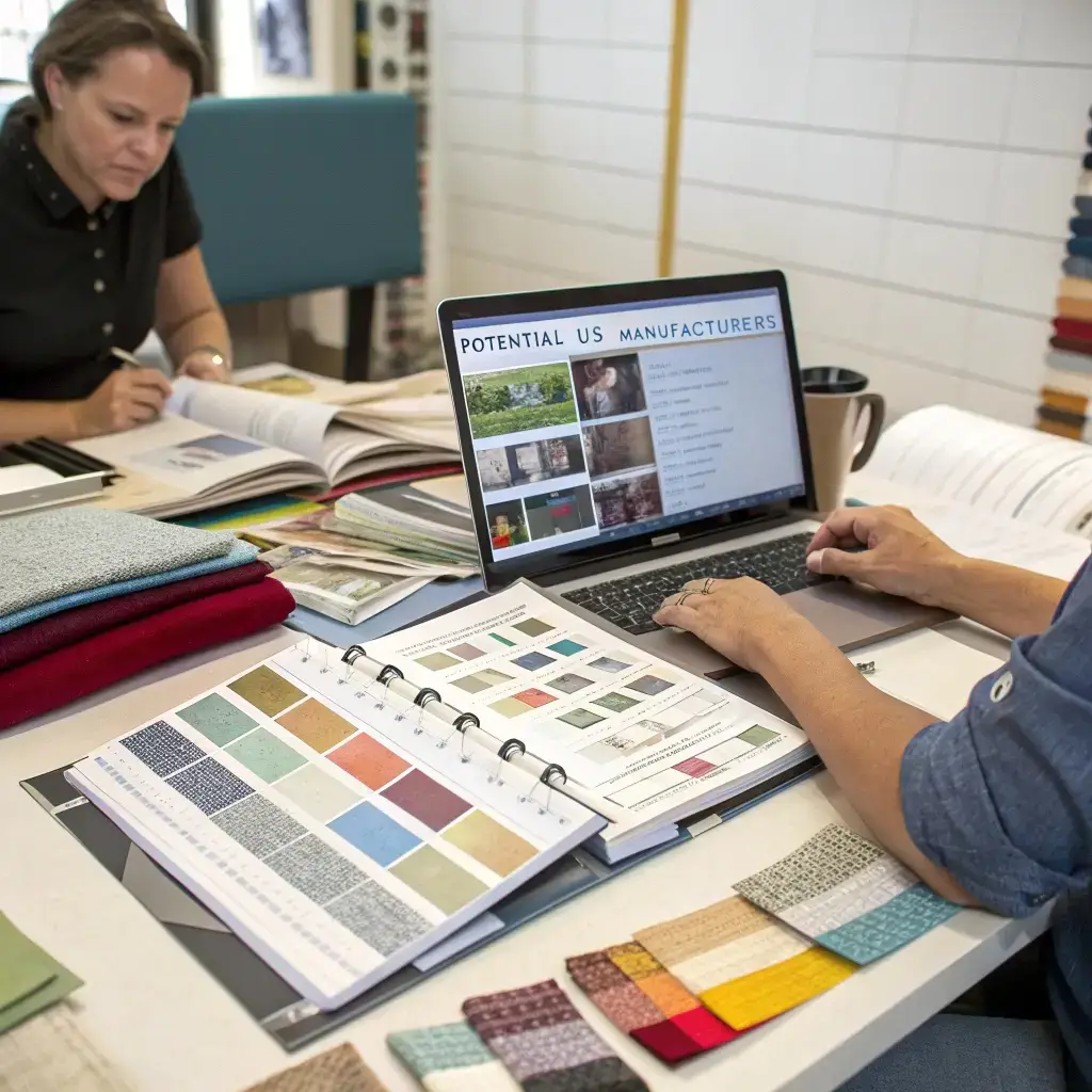 Fabric selection meeting, textile color samples on table