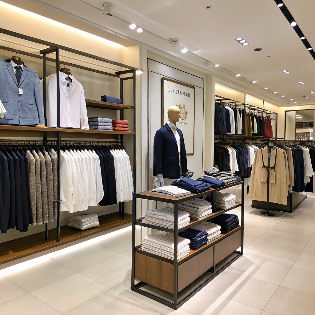 Luxury men's clothing store, suits and shirts neatly displayed