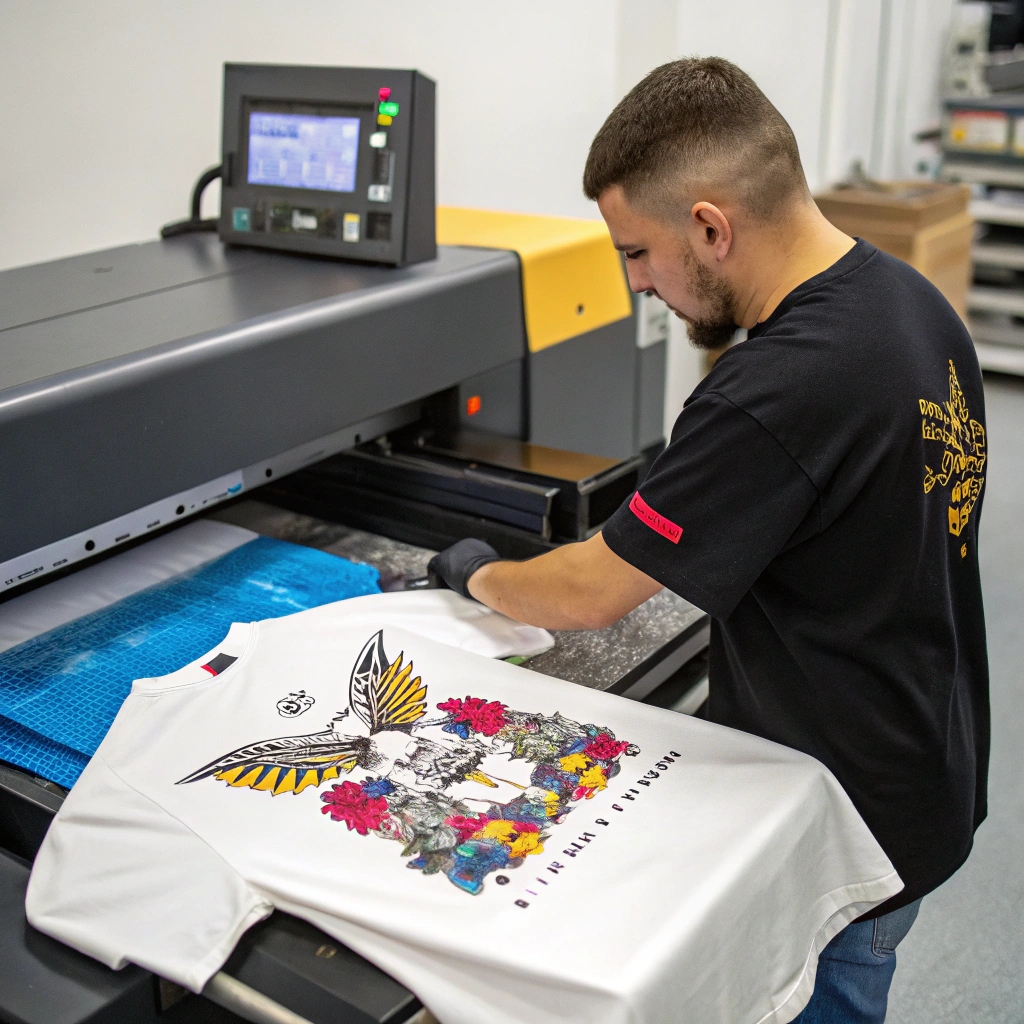 DTG printing on white T-shirt, high-quality custom apparel production