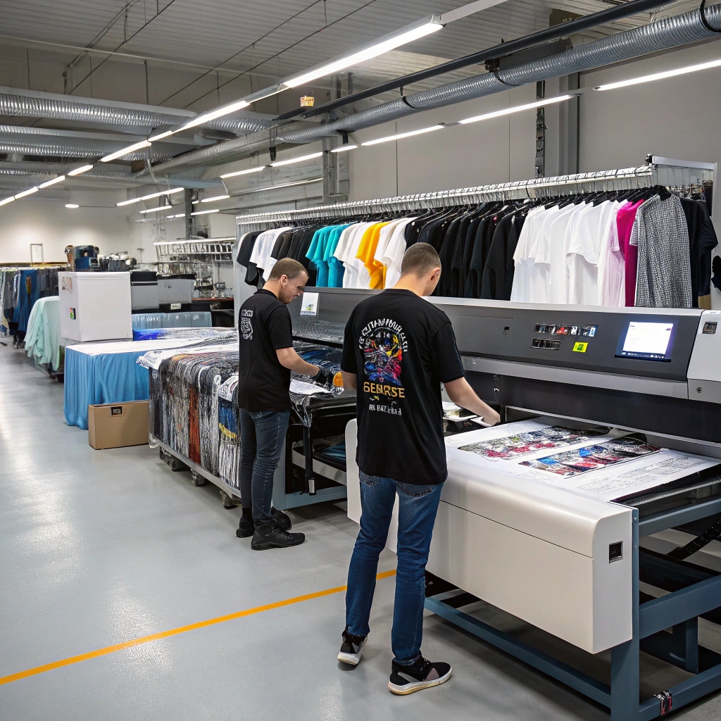 Custom t-shirt printing in factory, showcasing high-quality production process