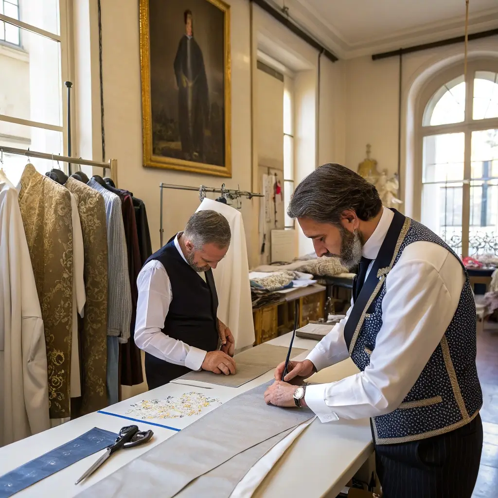 Luxury tailors crafting suits, two men working on fabric in a classic workshop