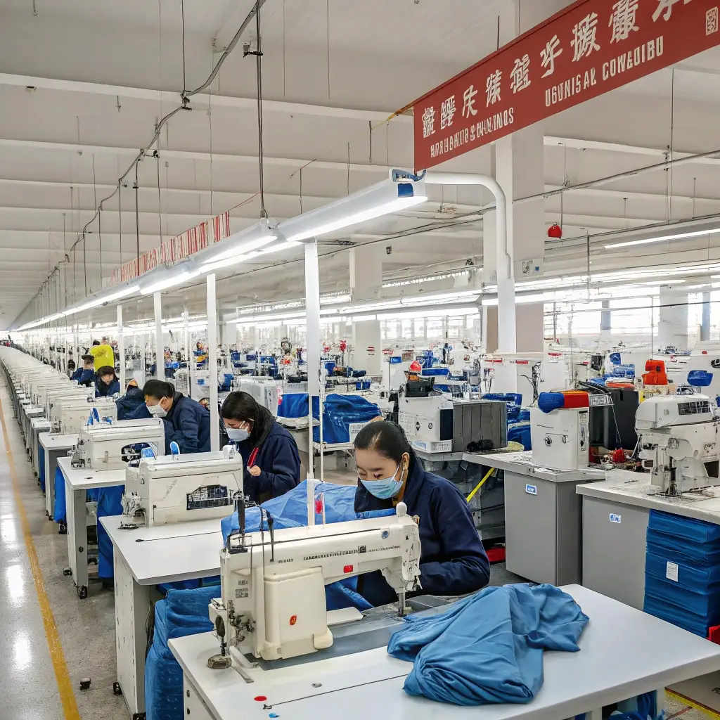 Garment factory workers sewing clothes, large-scale production line