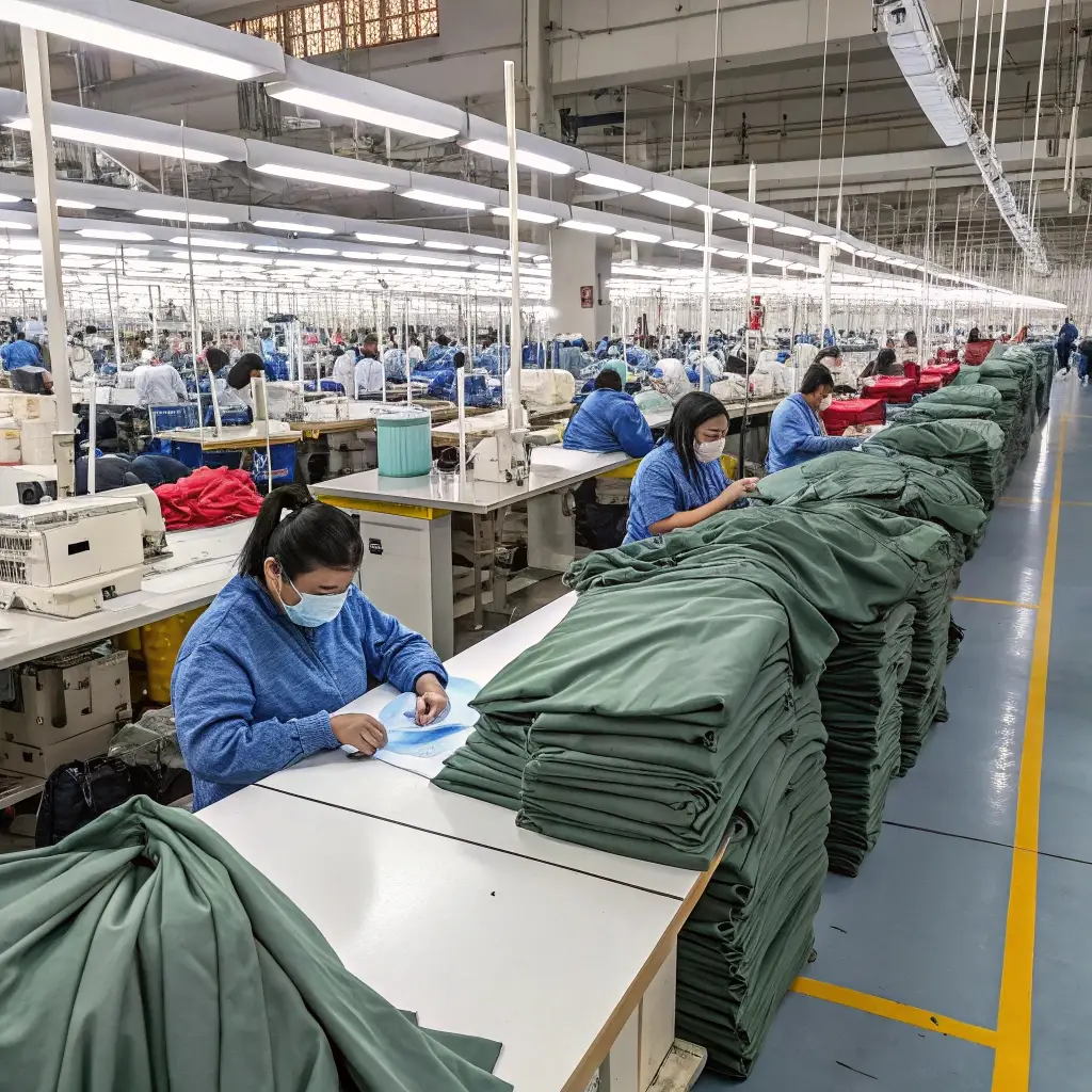 Garment factory workers inspecting and folding clothes, mass production