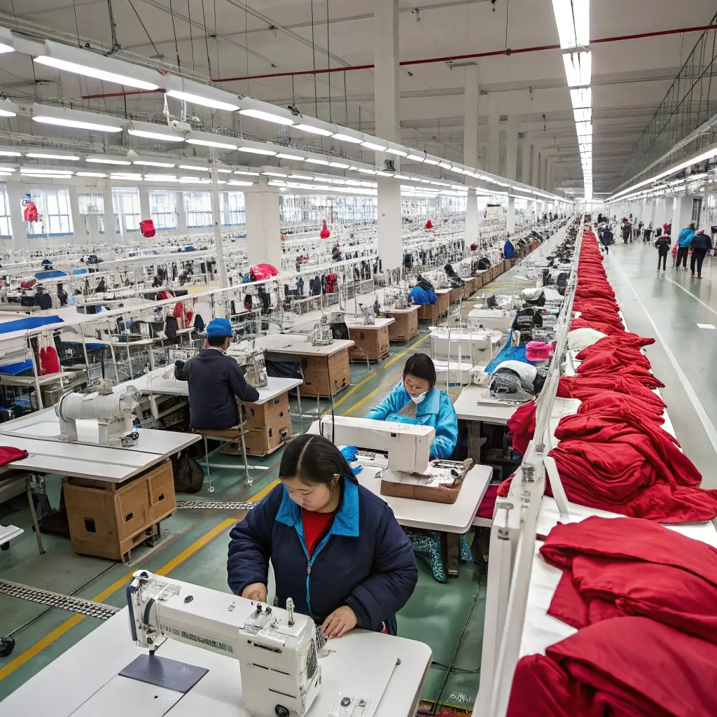 Large garment factory with workers sewing red fabric, mass production