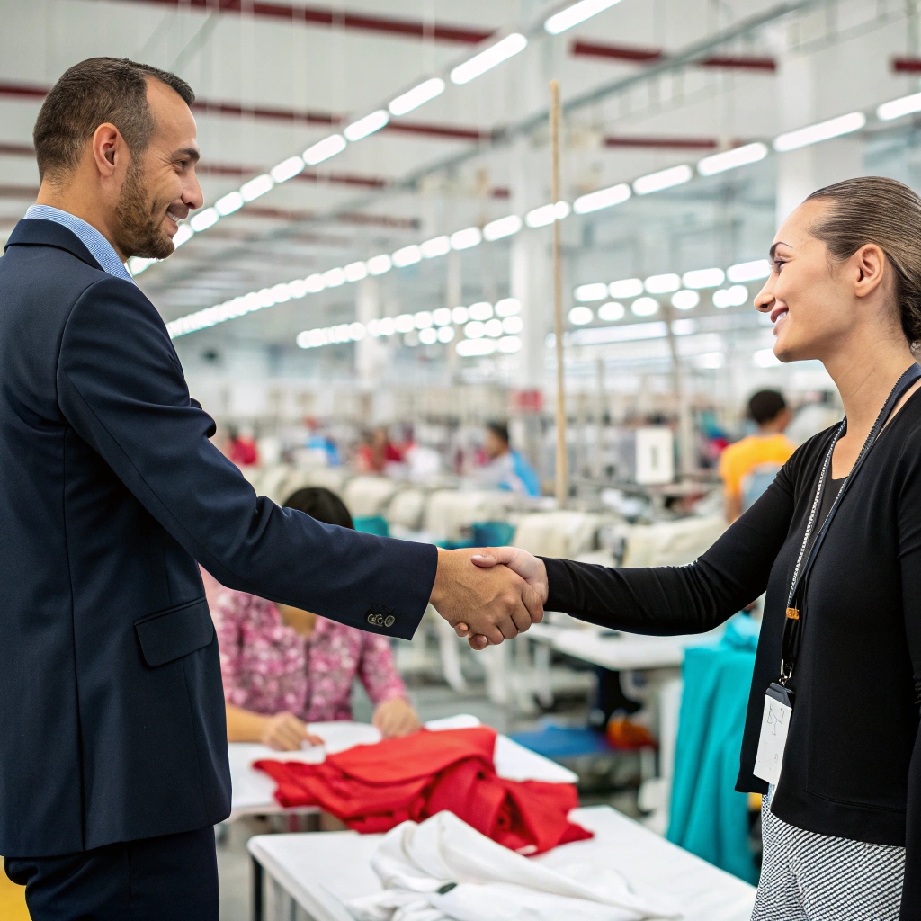 Business handshake in clothing factory, partnership agreement in textile manufacturing