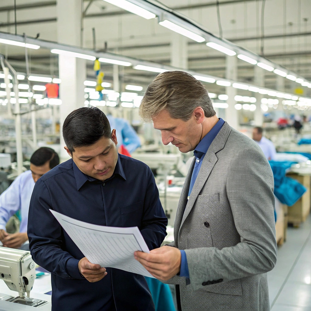 Garment factory inspection, business discussion in production facility