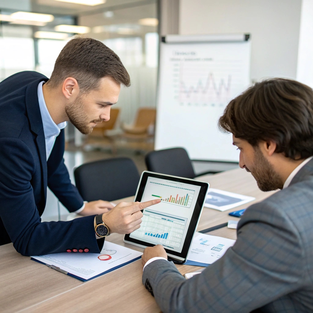 Business meeting discussing analytics, two professionals analyzing tablet data