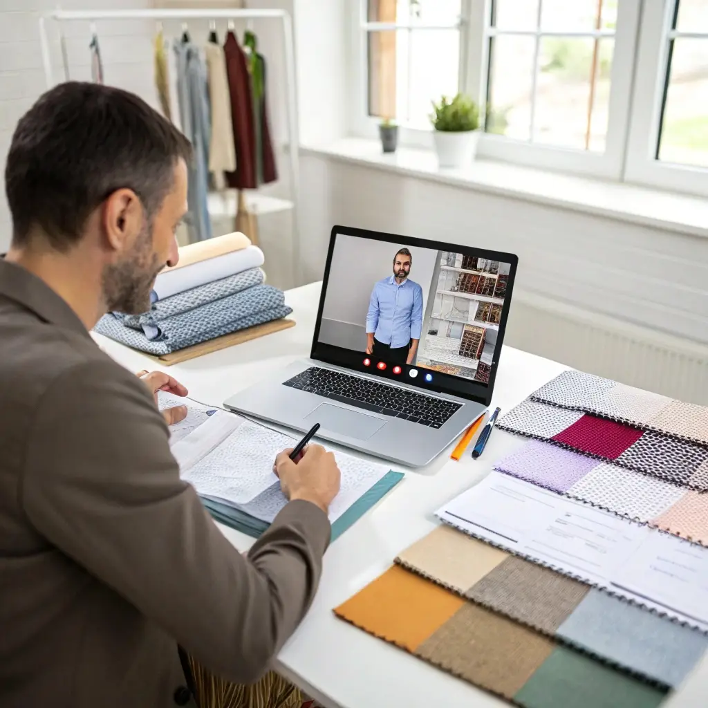 Online fabric sourcing meeting, discussing textile samples and customization