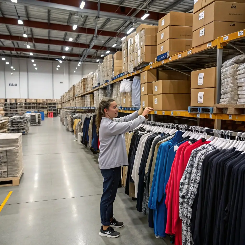 Clothing warehouse worker organizing inventory