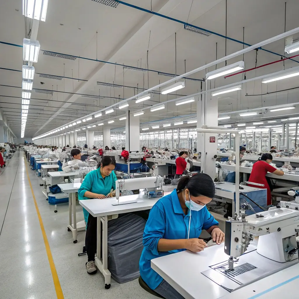 Large clothing factory with workers sewing garments