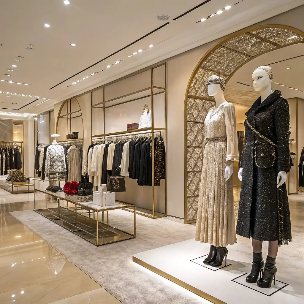 Luxury fashion boutique with elegant clothing displays