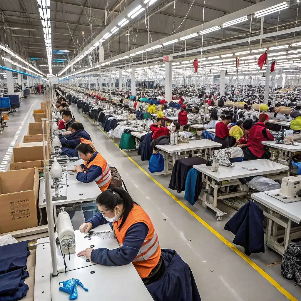 Large clothing factory, workers sewing garments, industrial production