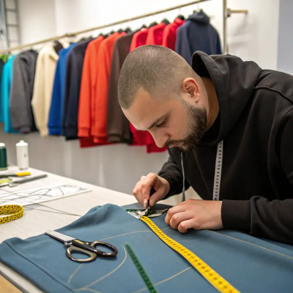 Tailor measuring and cutting fabric for hoodies, highlighting craftsmanship and customization