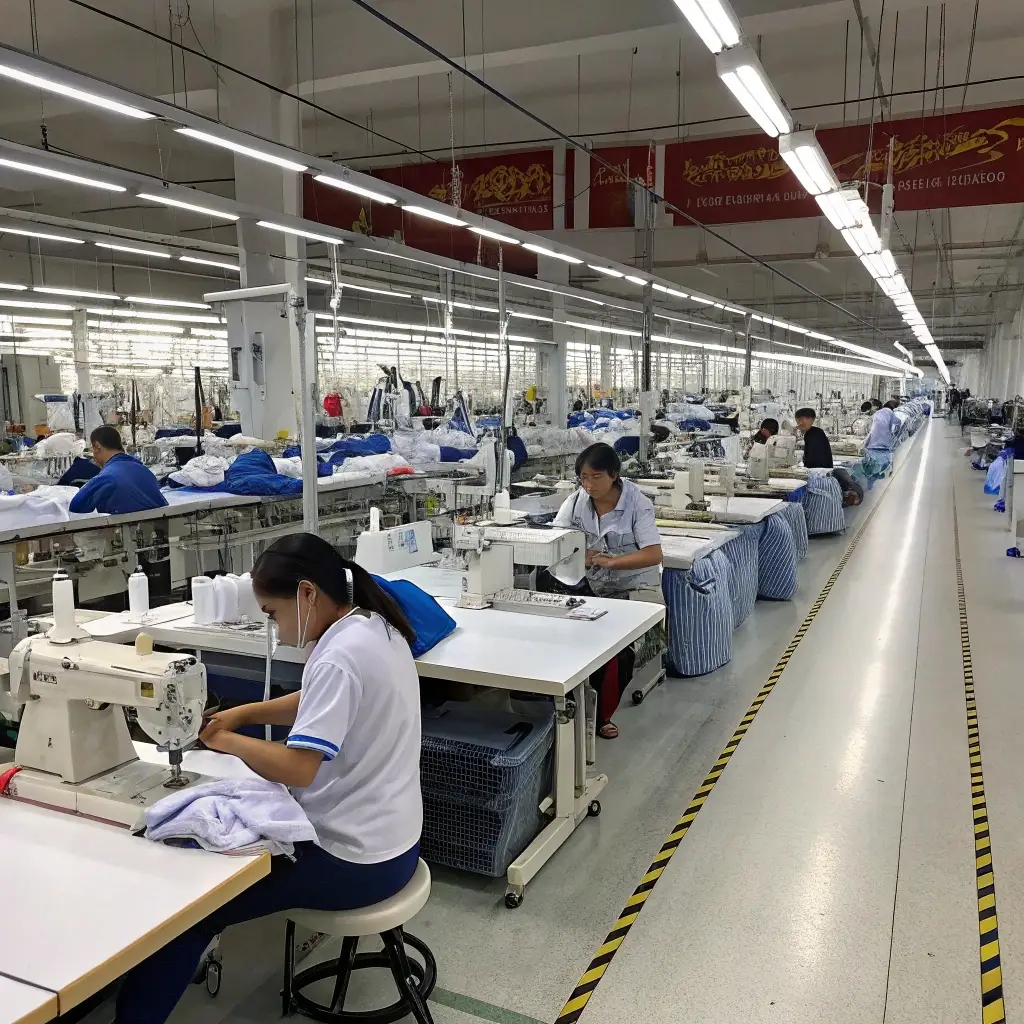 Garment factory with workers sewing clothing, large production facility