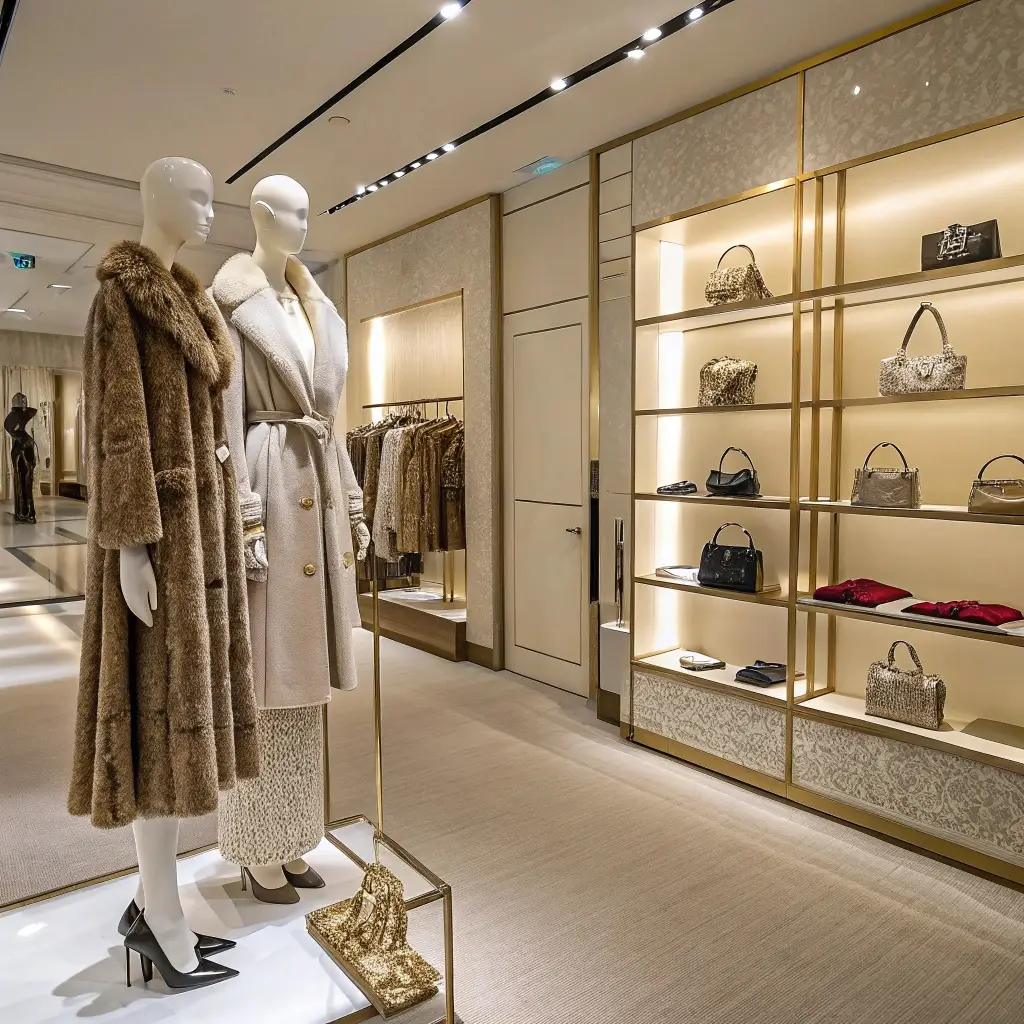 Luxury fashion boutique with elegant coats and handbags on display