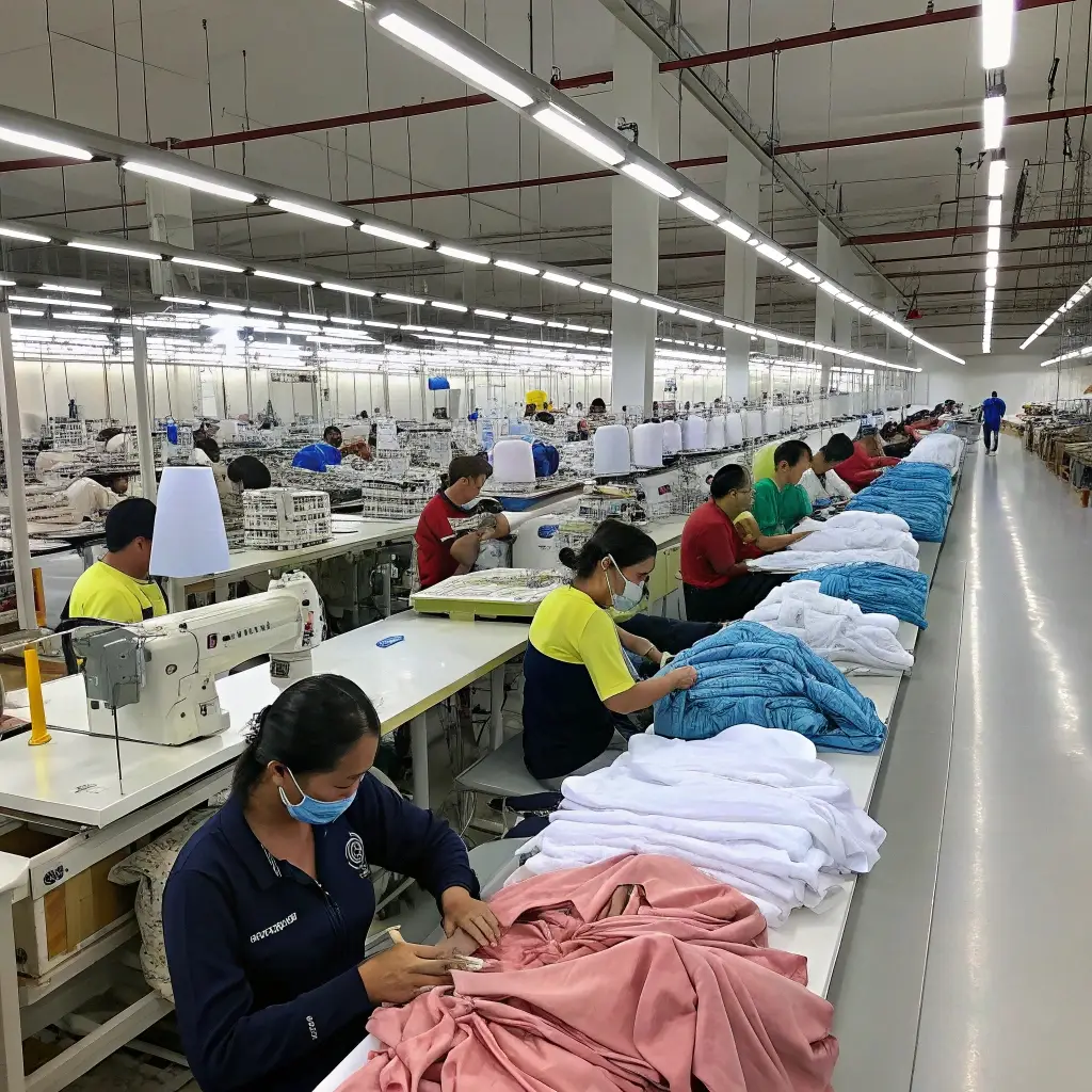 Large garment factory with workers sewing and inspecting clothing