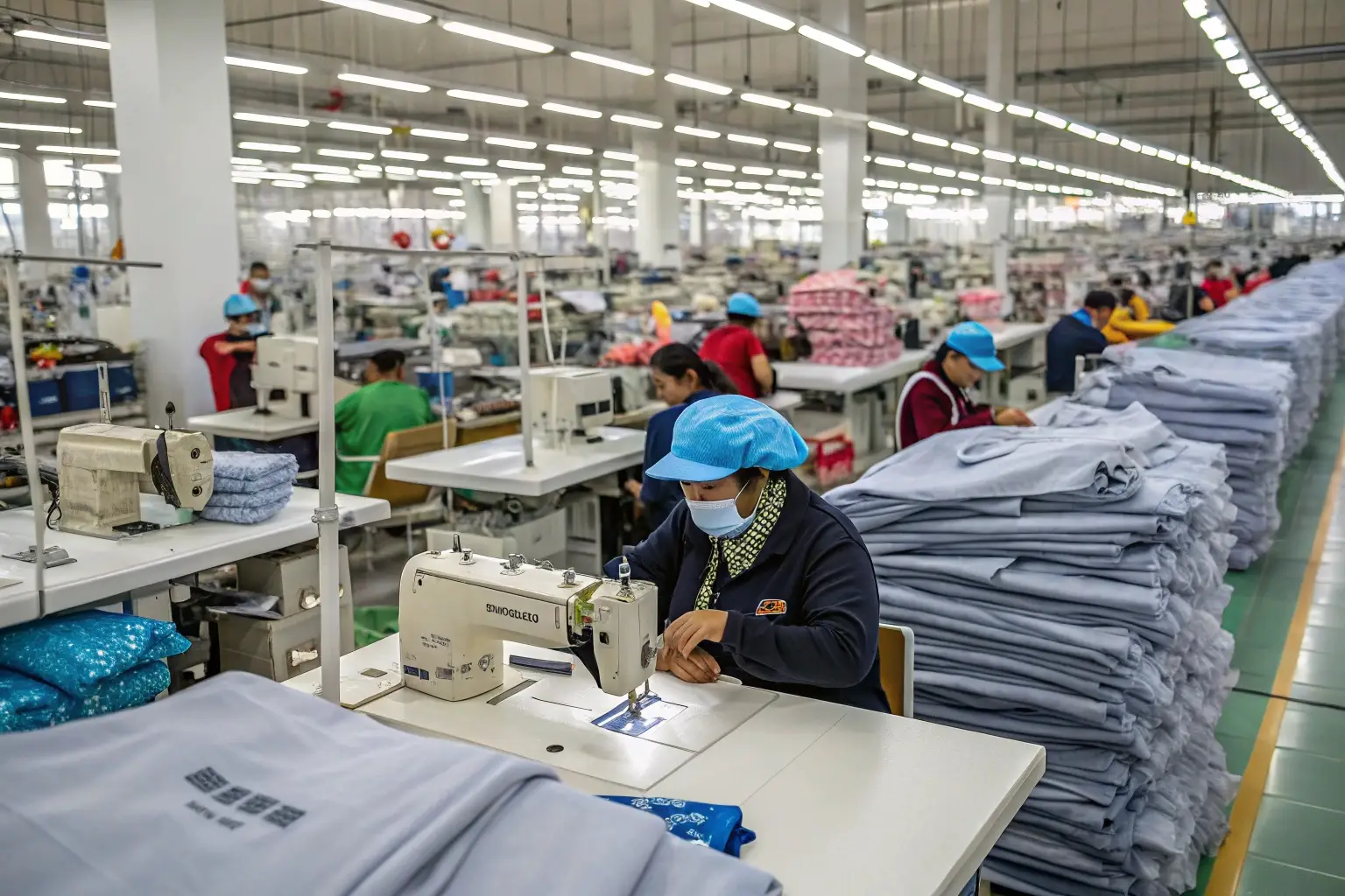 Garment factory workers sewing and inspecting clothing in large facility