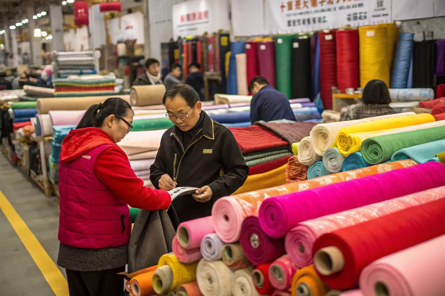 Fabric market with buyers selecting colorful textile rolls
